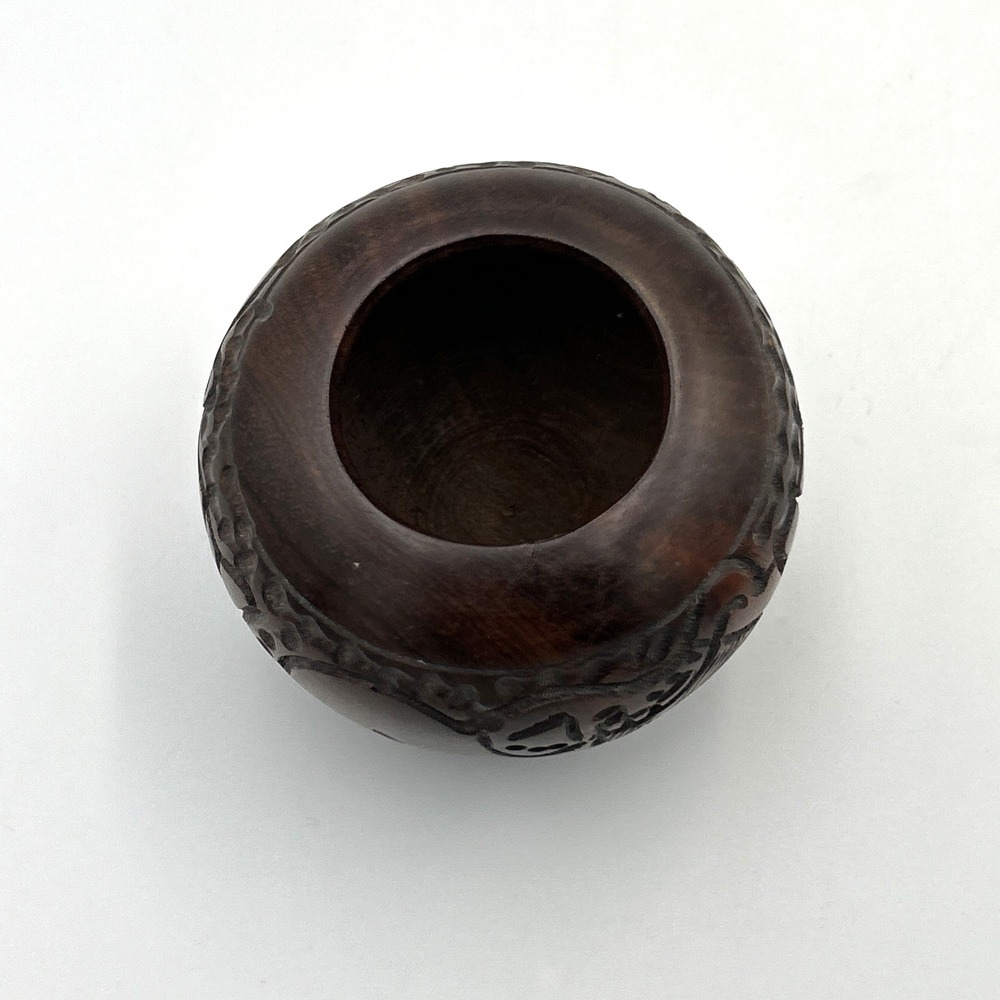 Vtg Hand Carved Wood Bowl Dish w/ Lid African Scene Trinket Dish Storage 3.5" D - Picture 4 of 6